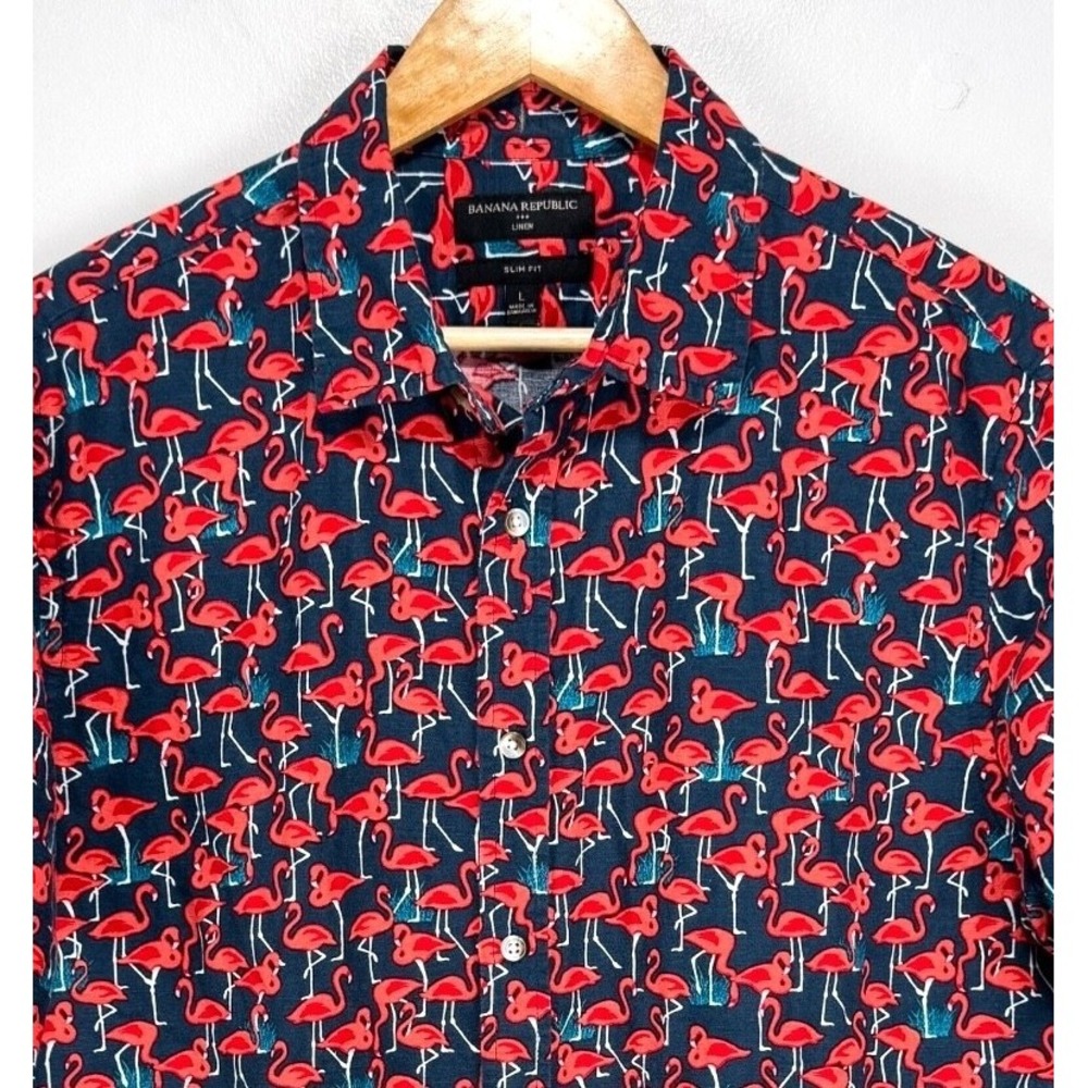 Banana Republic Linen Button Shirt Large Slim Navy Red Flamingo All Over Print - Picture 3 of 9